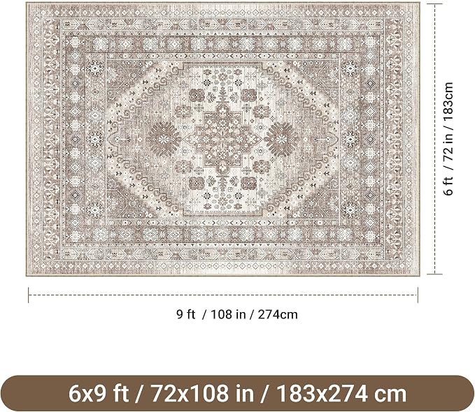 befbee 6x9 Area Rugs for Living Room - Stain Resistant Machine Washable Rugs for Bedroom,Non-Slip Backing Large Area Rug (Brown/Beige, 6'x9')