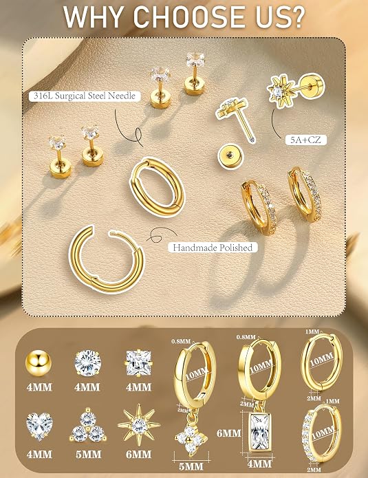 Florideco Hypoallergenic Flat Back Earrings Gold Cartilage Earring Sets for Multiple Piercing Surgical Stainless Steel Earrings for Women Trendy Earring Stacks Small Hoops Flat Back Stud Earrings