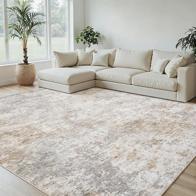 6x9 Area Rugs Living Room Rug Modern Abstract Neutral Washable Rugs Non Slip Soft Carpet Large Area Rug Low Pile Stain Resistant Non Shedding for Bedroom Nursery Dining Room Home Office Brown