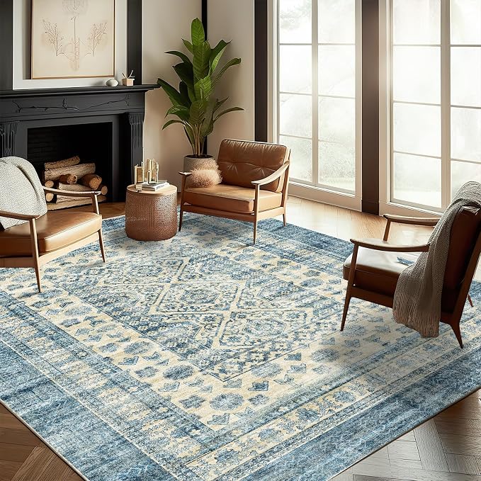 CHAMPLANT Washable Area Rug 9'x12' Retro Boho Design Non-Shedding Easy Care Ideal for High Traffic Areas in Living Room Bedroom Office Coffee Table Kitchen Large Carpet