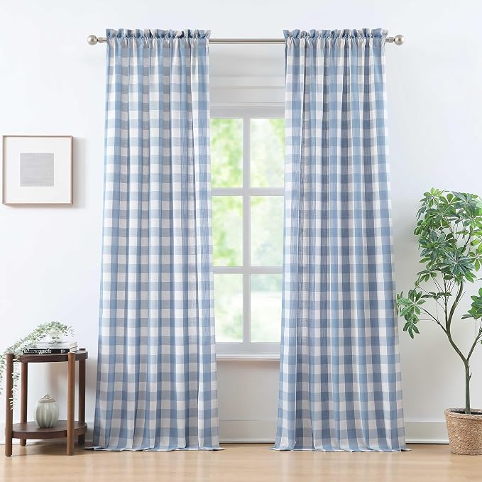 Beige-Dusty Blue Buffalo Check Curtains 95 Inches Length | Farmhouse Semi Sheer Drapes 8 FT Bedroom Living Room,Buffalo Plaid Window Treatment,Rod Pocket,Yarn Dyed Fabric,40"Wx95"Lx2