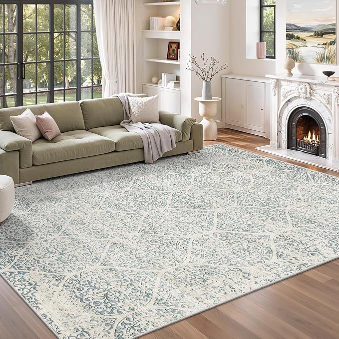 Soalmost 6x9 Area Rugs for Living Room, Moroccan Trellis Washable Soft Rug | Stain Resistant Non-Slip Low Pile Rug Soft Throw Carpet for Dining Room Bedroom Home Office Nursery Teal Blue, 6'x9'