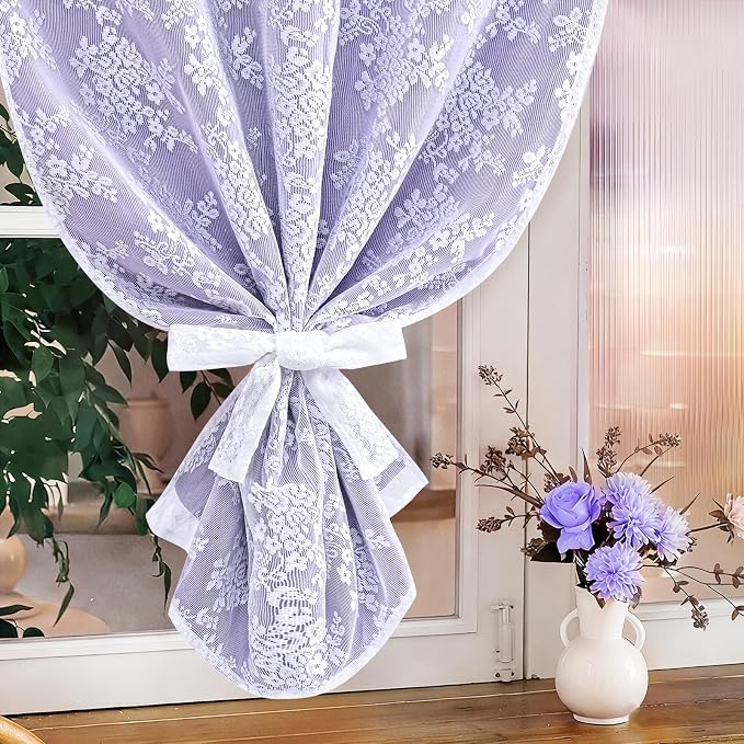 Yinhua Purple Kitchen Curtains 36 Inch Length Double Layer Blackout Curtains with Floral Sheer Overlay Rod Pocket Short Curtain for Windows, Small Window Curtain for Bathroom, Living Room, 2 Panels