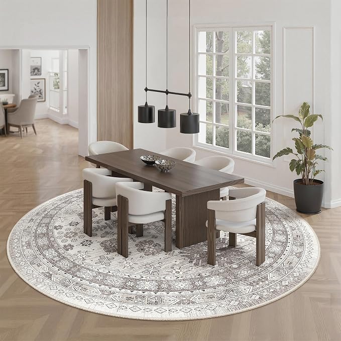 zesthome 9ft Round Rugs for Living Room, Non-Slip Washable Round Area Rugs, Ultra-Thin Large Circle Rugs, Soft Low Pile Rug for Bedroom, Kitchen - Vintage Stain Resistant Round Rug (Brown/Beige,9'x9')