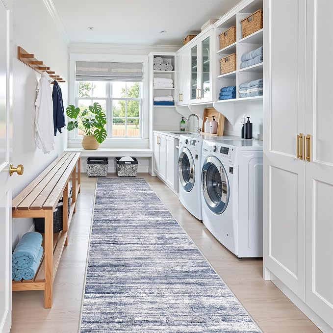 2x10 Runner Rug Non Slip,Washable Hallway Runner Rug,Blue | Long Neutral Rugs for Kitchen,Entryway,Bedroom,Bathroom,Laundry Room,Thin,Soft Runner Rug,Stain Resistant Indoor Carpet