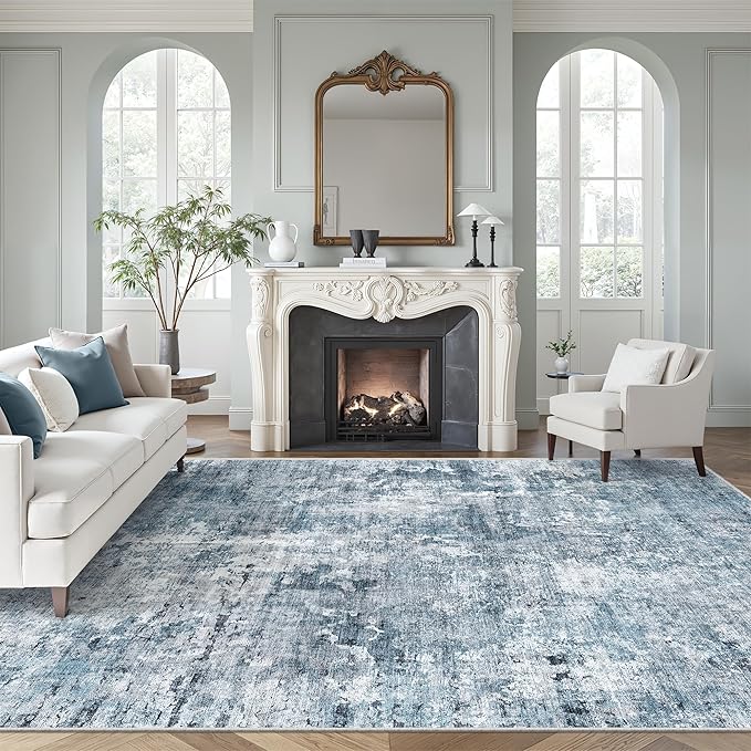 Soalmost 7x10 Area Rug for Living Room Washable Abstract Vintage Soft Thin Indoor Floor Non-Slip Carpet for Bedroom Dining Room Blue