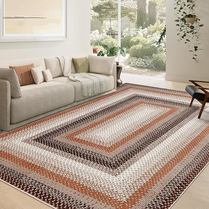 RUGSREAL 9x12 Braided Rug Washable Living Room Area Rug Modern Braid Printed Large Bedroom Rug Non Slip Dining Room Rug with Rubber Backing Farmhouse Accent Carpet for Home Decor Office, Brown/Rust