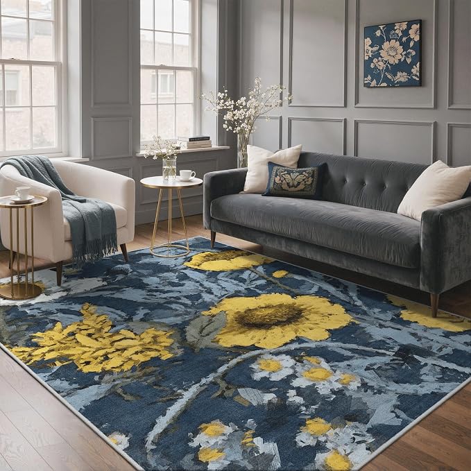 GENIMO 6x9 Outdoor Rug, Washable for Patio and Deck, Navy Yellow | Floral design for dining area; fade resistant chenille with quick-dry non-slip backing for indoor sunroom
