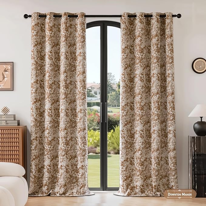 Beauoop Brown Floral Jacquard Blackout Curtains for Bedroom 52x96 2 Panels | Flower Chenille Room Darkening Drapes for Living Room 96 Inch Long Thermal Insulated Soundproof Window treatment Grommet