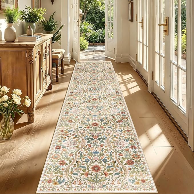 3x12 Washable Runner Rug, Beige Floral Boho Area Rug for Hallway,Low-Pile Non-Slip Stain Resistant Long Carpet for Kitchen, Bedside,Laundry Room,Entryway