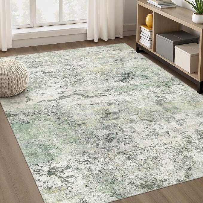 DMOYEST Area Rug Living Room Rugs - 5x7 Large Soft Indoor Neutral Modern Abstract Low Pile Washable Rug Carpet for Bedroom Dining Room Farmhouse Home Office - Green/Grey/Yellow