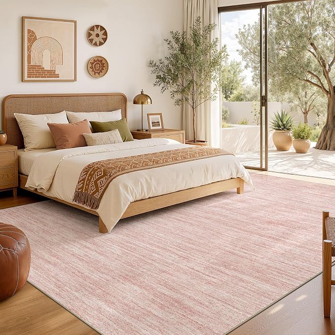 Nakagishi 7X9 Area Rugs Living Room: Washable Large Vintage Rug Neutral Non-Slip Soft Stain Resistant Indoor Carpet for Bedroom Nursery Dining Room Office Playroom - Pink