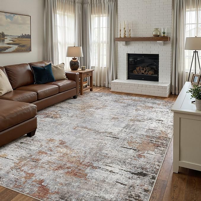 DMOYEST Area Rug Living Room Rugs - 9x12 Large Soft Indoor Neutral Modern Abstract Low Pile Washable Rug Carpet for Bedroom Dining Room Farmhouse Home Office - Grey Rust