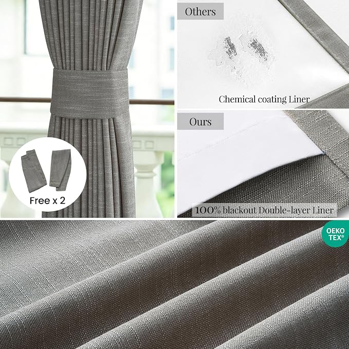 Topfinel 96 Inches Long Complete Blackout Ceiling Pinch Pleated Back Tab Curtains, Soundproofing Room Darkening Linen Drapes with Pin Hooks for Traverse Rods, Boho Blue Grey 52" W*96" L