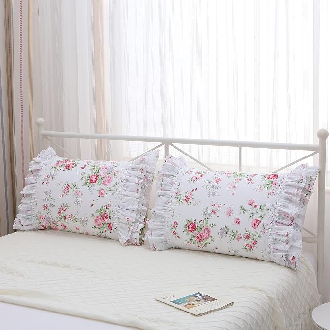 2-Pack Rose Floral Print Pillow Shams with Lace Ruffles Shabby Chic Queen Size Pillowcases 20 x 30 Country Vintage Style