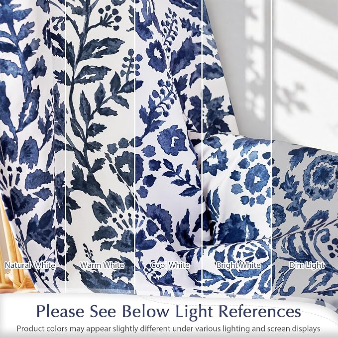 DriftAway Julia Blackout Curtains Grommet 2 Panels, W52xL96, Navy | Floral Curtains, Bedroom, Living Room, Room Darking, Watercolor Pattern, 2 Layers, Thermal Insulated, Window Treatment