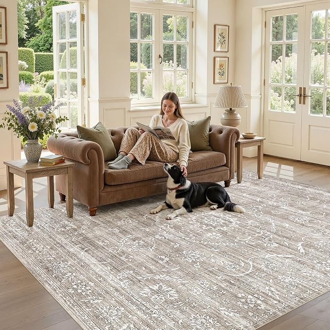 Nakagishi 10x14 Area Rugs Living Room: Washable Large Vintage Rug Neutral Non-Slip Soft Stain Resistant Indoor Carpet for Bedroom Nursery Dining Room Office Playroom - Light Brown