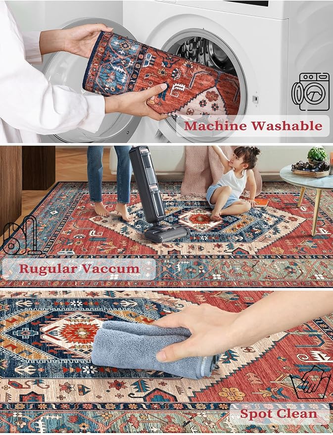 SERISSA Runner Rug for Hallways, 2'6"x14' Washable Non Slip Kitchen Runner Rug, Extra Long Boho Rug Ultra Soft Vintage Rust Print Floor Carpet for Bedroom Hallway Entryway Bathroom Laundry Room
