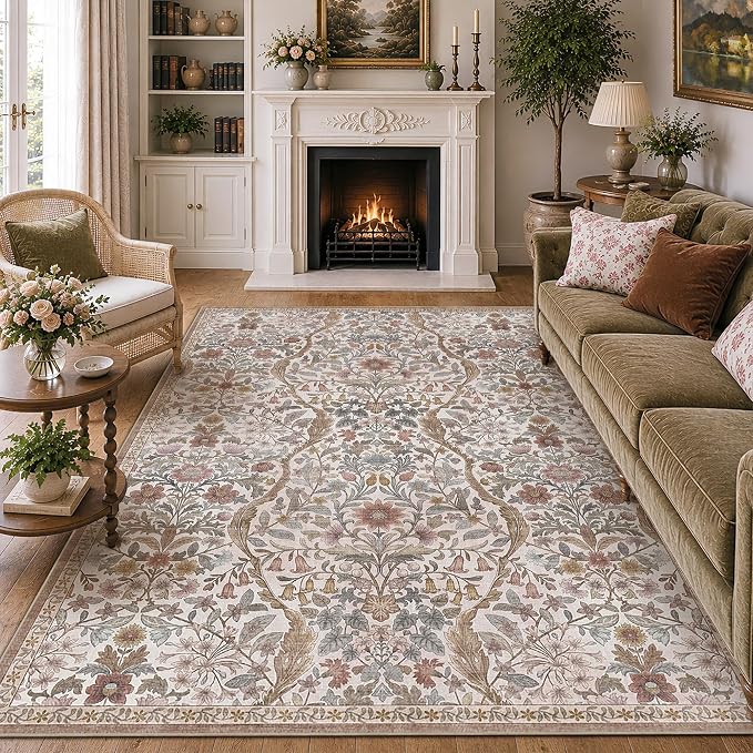Floral Washable 6x9 Area Rug，Vintage Khaki Beige Boho Rugs for Living Room, Soft Low-Pile Non-Slip Stain Resistant & Non-Shedding Carpet for Bedroom, Dining Room, Office, Entryway, Nursery