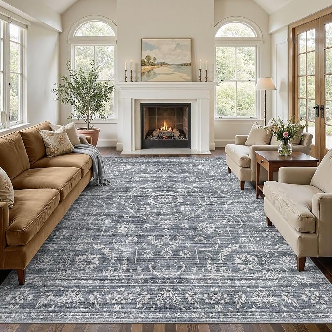 Nakagishi 7x9 Area Rugs Living Room: Washable Large Vintage Rug Neutral Non-Slip Soft Stain Resistant Indoor Carpet for Bedroom Nursery Dining Room Office Playroom - Retro Blue