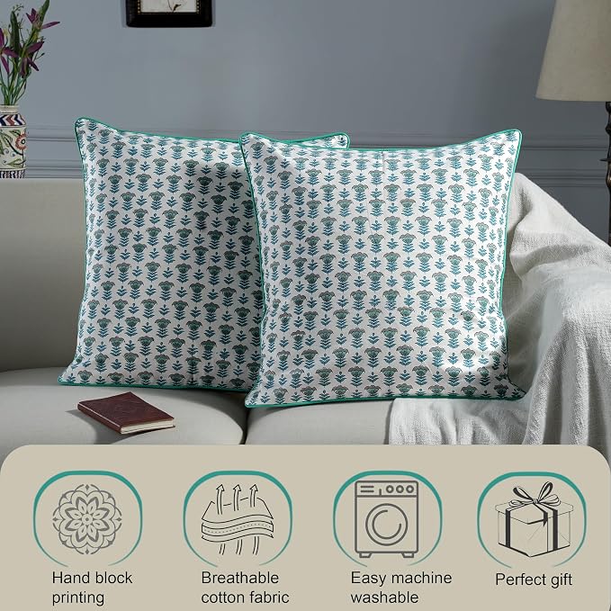 Ridhi Block Print Aquamarine Blue Pillow Cover 20" x 20" (Pack of 2) Decorative Couch Pillows for Living Room, Farmhouse Chic Boho Cute Outdoor Pillows Covers Gifts for Spring, Mother's Day