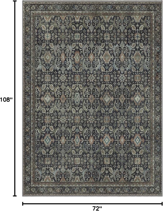 BESBLEE 6X9 Area Rugs Machine Washable Rugs for Living Room, Vintage Boho Large Rugs for Bedroom Dining Room, Non Slip Indoor Soft Distressed Lightweight Thin Low Pile Carpet, Black