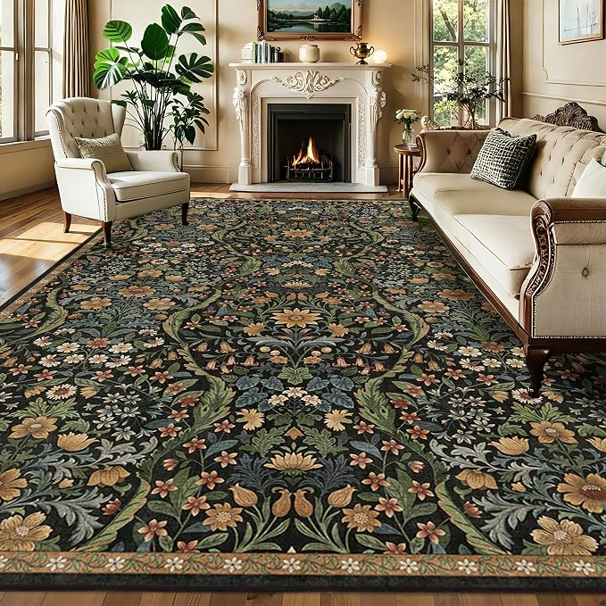 10x14 Black Brown Vintage Floral Area Rug,Washable Large Boho Living Room Rugs,Botanical Print Non-Slip Stain Resistant Lightweight Carpet for Bedroom Dining Room Nursery