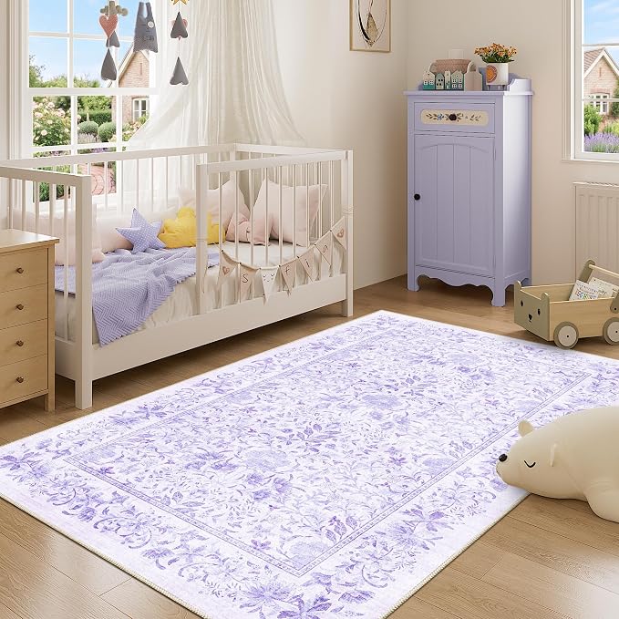 DUKINO 4x6 Rug for Living Room, Washable Vintage Floral Area Rug, Purple | Non Slip, Low Pile, Non-Shedding, Aesthetic Lightweight Soft Indoor Carpet for Bedroom Kitchen Bathroom Entryway Farmhouse