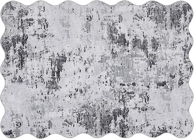 ROYHOME 10x13 Scalloped Modern Abstract Faux Wool Rug for Living Room Low Pile Ultra Soft Stain Resistant Non Slip Non Shedding Throw Rug for Bedroom Home Decor, Grey