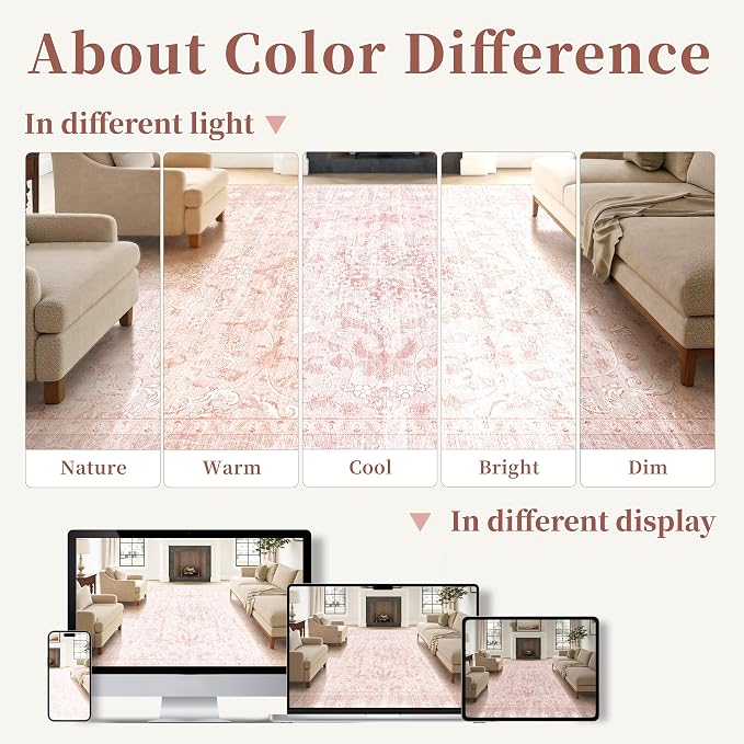 Pink Living Room Rugs 8x10, Neutral Vintage Boho Carpet for Bedroom Nursery | TTelephant Washable Low Pile Indoor Area Rug with Non-Slip Silicone Backing, Non-Shedding Thin