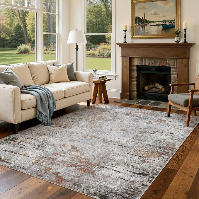 DMOYEST Area Rug Living Room Rugs - 5x7 Large Soft Indoor Neutral Modern Abstract Low Pile Washable Rug Carpet for Bedroom Dining Room Farmhouse Home Office - Grey Rust