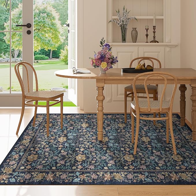 DUKINO 4x6 Rug for Living Room, Washable Vintage Floral Area Rug, Dark Blue | Non Slip, Low Pile, Non-Shedding, Aesthetic Lightweight Soft Indoor Carpet for Bedroom Kitchen Bathroom Entryway Farmhouse