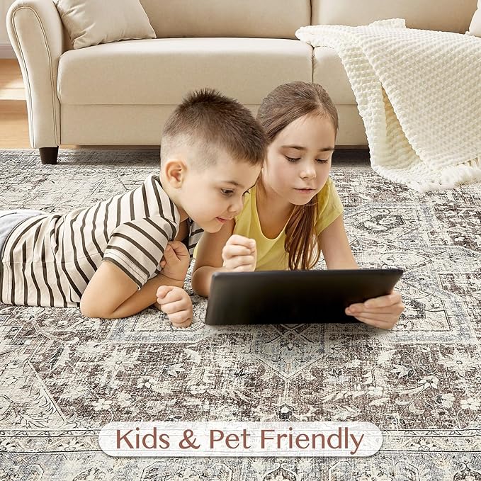 Tortania Area Rug Living Room Rugs - 9x12 Washable Boho Rug Vintage Oriental Distressed Farmhouse Large Thin Indoor Carpet for Living Room Bedroom Under Dining Table Home Office - Brown Blue