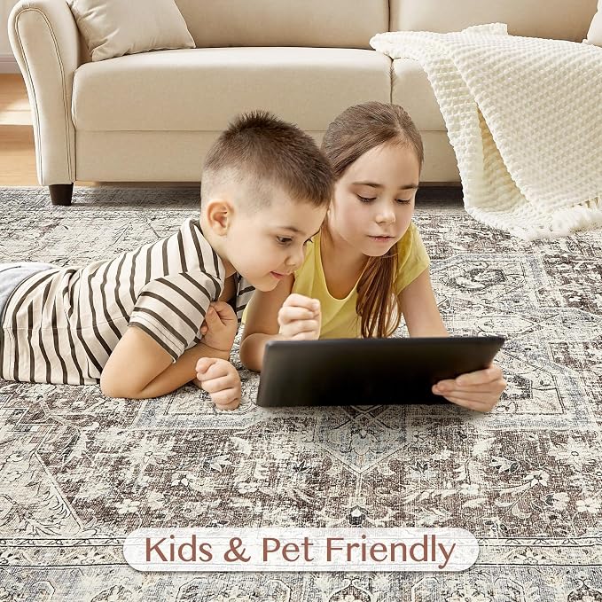 Tortania Area Rug Living Room Rugs - 8x10 Washable Boho Rug Vintage Oriental Distressed Farmhouse Large Thin Indoor Carpet for Living Room Bedroom Under Dining Table Home Office - Brown Blue