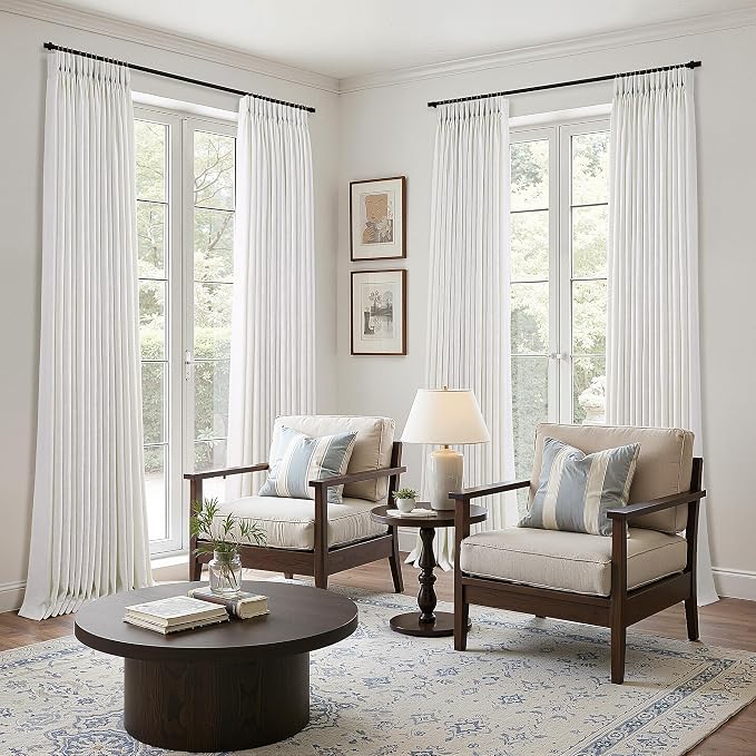 80 Inch Extra Wide Pinch Pleated Linen Curtains 108 Inch Length for Living Room Bedroom Natural Cream Beige Privacy Drapes Light Filtering for Patio Sliding Door 108 Inches Long with Hooks Clips Rings