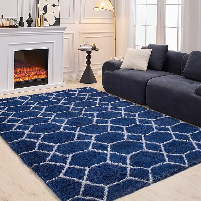 Fluffy Rug for Bedroom, Soft 6x9 Blue Shag Plush Geometric Area Rugs | Modern Blue and White Rug, Non Slip Carpet for Living Room, Aesthetic Home Decor, Fuzzy Floor Mat for Nursery Teen Dorm