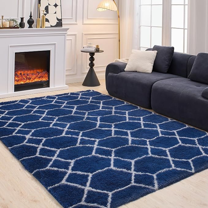 Fluffy Rug for Bedroom, Soft 5x7 Blue Shag Plush Geometric Area Rugs | Modern Blue and White Rug, Non Slip Carpet for Living Room, Aesthetic Home Decor, Fuzzy Floor Mat for Nursery Teen Dorm