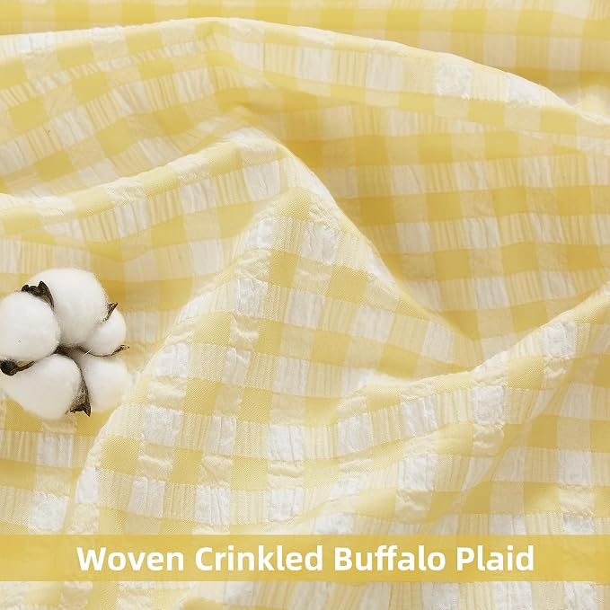 ZJDECOR Shabby Chic Yellow Buffalo Plaid Ruffled Curtains 84 Inches Long | Rustic Crinkled Not-See-Through Sheer Drapes,Farmhouse Window Treatment,Bedroom Living Room,Rod Pocket,40"x84",Pack of 2