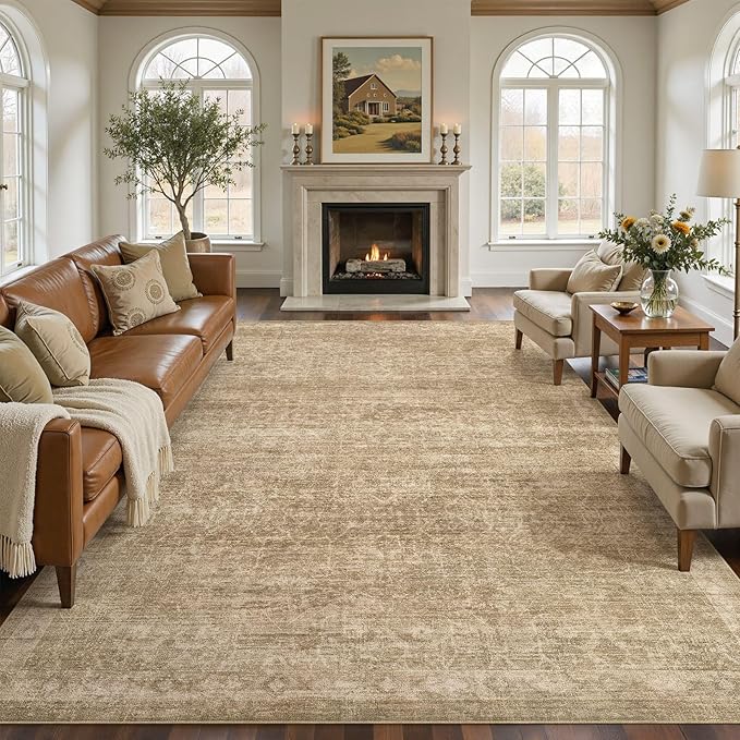 Nakagishi 8x10 Area Rugs Living Room: Washable Large Vintage Rug Neutral Non-Slip Soft Stain Resistant Indoor Carpet for Bedroom Nursery Dining Room Office Playroom - Dark Brown