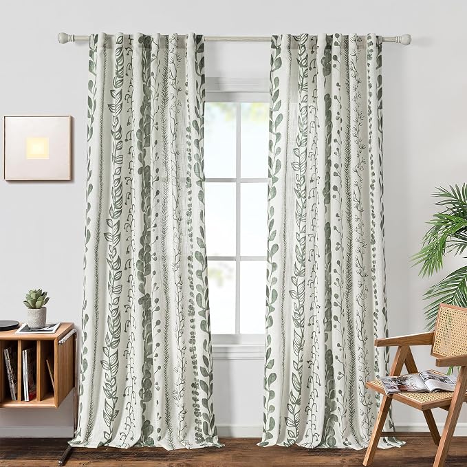 MEETSKY Sage Green Curtains 108 Inches Long 2 Panels Boho Curtains for Living Room Light Filtering Patterned Drapes for Bedroom Linen Style Back Tab Leaf Print Window Treatment, 50” Wide Each Panel