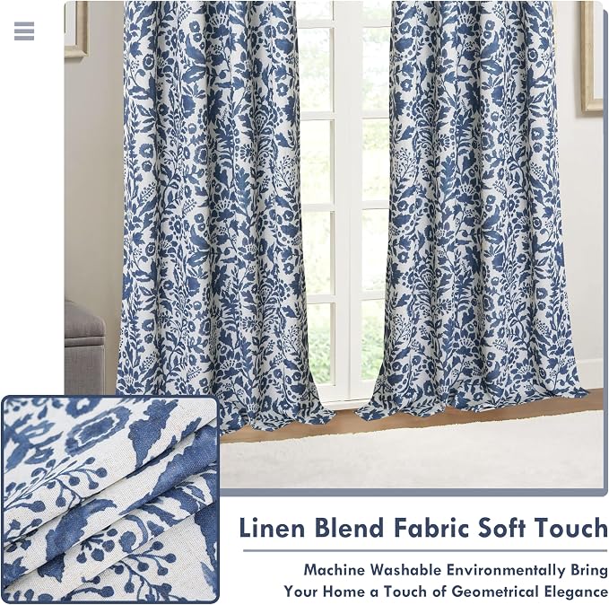 DriftAway Julia 100% Blackout Curtains Grommet 2 Panels, W52xL108, Navy | Floral Curtains, Bedroom, Living Room, Linen Blend, Watercolor Pattern, 2 Layers, Thermal Insulated, Window Treatment