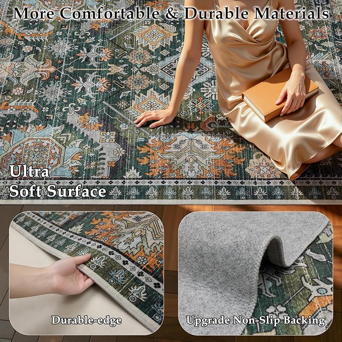 Ruaruarug Area Rug 8'×10', Non Slip Machine Washable Ultra Soft Stain & Fade Resistant, Pet & Kids Friendly, for Living Room/Bedroom/Kitchen/Classroom, Dark Green