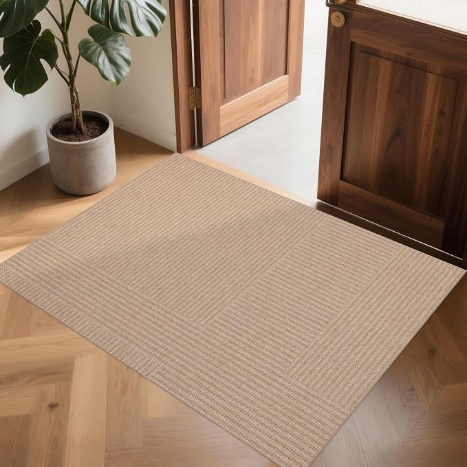 Non-Slip Jute Rug for Entryway: 2x3 Outdoor Mat - Beige Stripes | Safe Walking for Family All Day and Help with Cutting Slip Falls by 70%