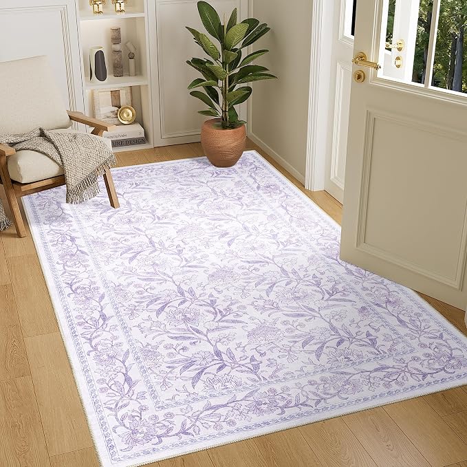 DUKINO 4x6 Area Rug, Washable Vintage Floral Rug for Living Room, Purple | Non Slip, Low Pile, Stain Resistant Boho Lightweight Soft Indoor Carpet for Bedroom Office Dining Room Entryway Farmhouse