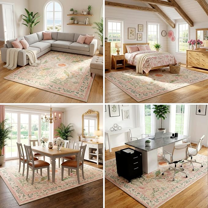 6'x9' Bohemian Floral Large Area Rug, Washable Living Room Rug, 0.3" Low Pile, Non-Slip Cotton-Backed Silicone Grip, Faux Wool Carpet for Dining Room Home Office, Cream/Pink/Sage
