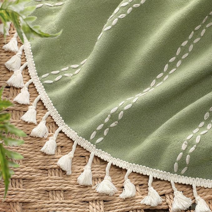 Olive Green Boho Blackout Curtains 2 Panels 84 Inch for Living Room Bedroom, Linen Texture Farmhouse Curtains with Tassels and White Cotton Embroidery Vintage Rustic Country Western