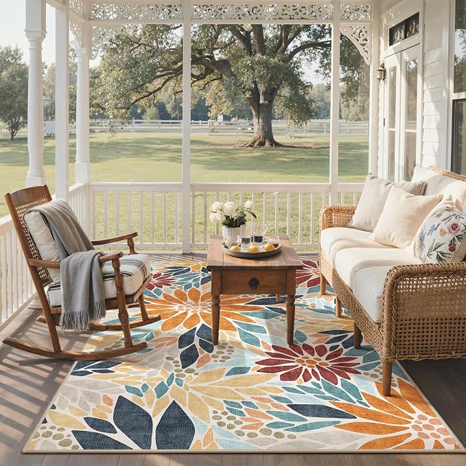 GENIMO 8x10 Outdoor Rug, Washable for Patio and Deck, Rust Blue | Floral design for backyard; fade resistant chenille with quick-dry non-slip backing for indoor living rooms