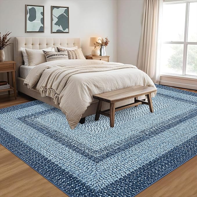 RUGSREAL 9x12 Living Room Rug Large Washable Rug Non Slip Boho Accent Braided Print Carpet Indoor Throw Floor Cover Farmhouse Rustic Area Rug Bohemian Border Area Rug for Bedroom Home Decor, Blue