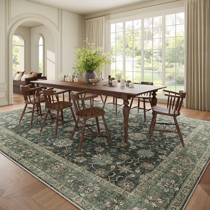 Boho Washable 9x12 Area Rugs for Living Room, Cushioned, Sage Green | Vintage Non-slip Neutral Oriental Rugs for Bedroom Dining Room Nursery Office High Traffic Area
