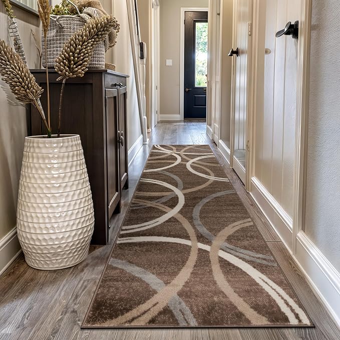 Rugshop Wavy Circles Modern Non-Shedding Runner Rug Brown 2'7" x 10'